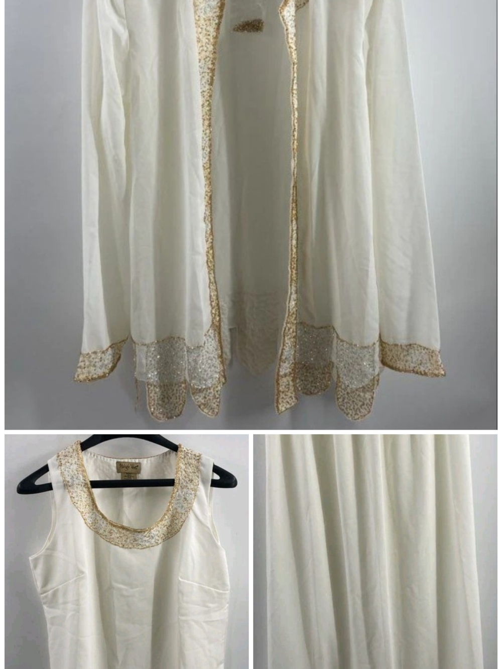 Midnight Velvet Ivory Beaded Sequin Sheer Long Sleeve 3 Piece Skirt Trio Sz L